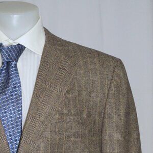 Canali Brown Label Custom Made 100% Cashmere Taupe Plaid Sport Coat 50L